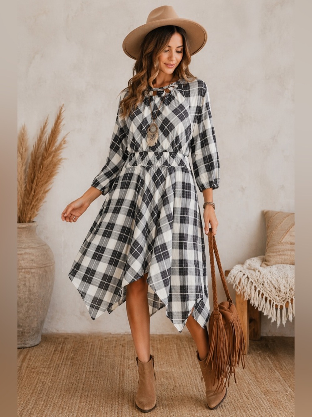 NWOT Steve Madden Plaid sharkbite Handkerchief Hem Dress grey & White size large